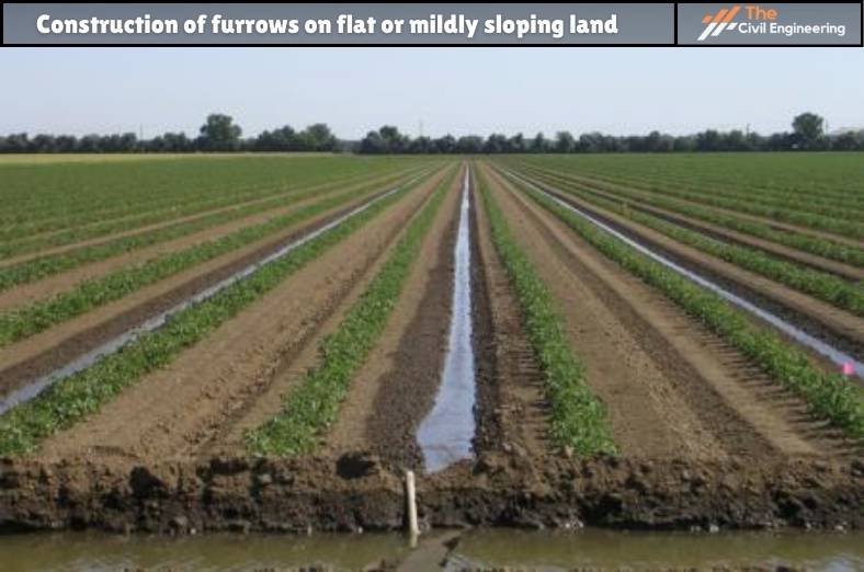 Construction of furrows on flat or mildly sloping land